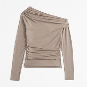 Long-Sleeve Off-The-Shoulder Draped Top Taupe Grey